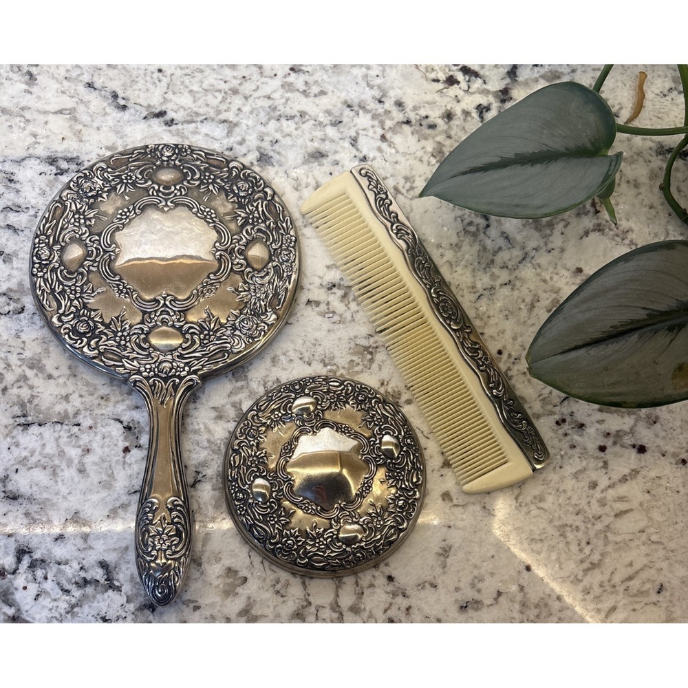 VTG Silver Plate Vanity Mirror Set Hand Mirror Round Mirror Comb Ornate Floral
